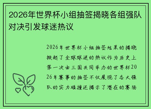 2026年世界杯小组抽签揭晓各组强队对决引发球迷热议 2026年世界杯小组抽签揭晓各组强队对决引发球迷热议