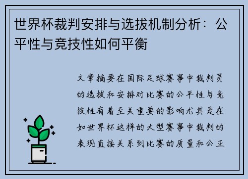 世界杯裁判安排与选拔机制分析：公平性与竞技性如何平衡
